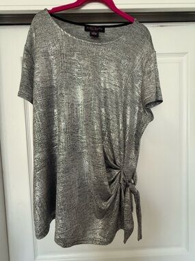 Silver Metallic Side-Tie Short Sleeve Top